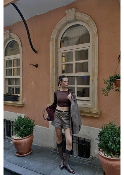 Kemerli Kaşe Mini Şort Vizon fiyatları