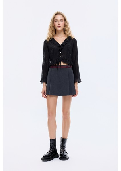 Şerit Bel Detaylı Pileli Mini Şort Etek Antrasit