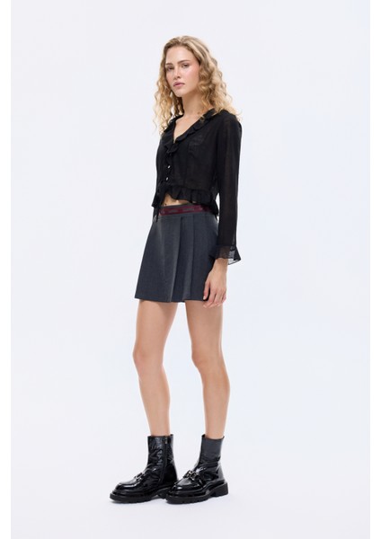 Şerit Bel Detaylı Pileli Mini Şort Etek Antrasit