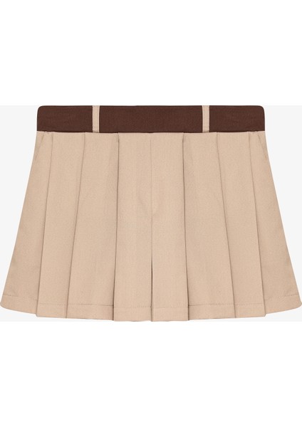 Kontrast Bel Pileli Mini Şort Etek Bej