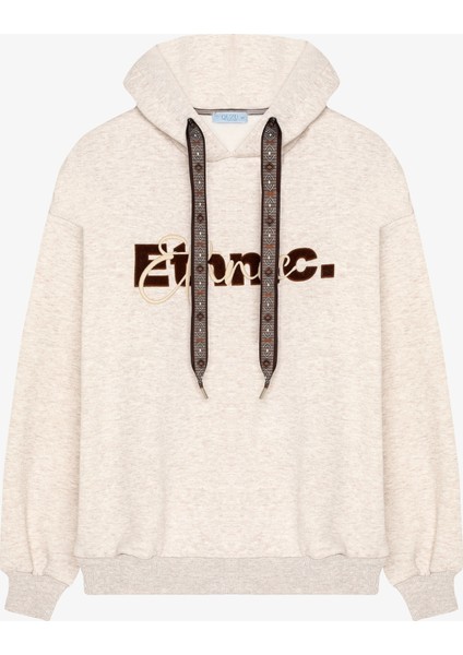 Yazı Nakışlı Kordonlu Oversize Sweatshirt Bej fiyatları