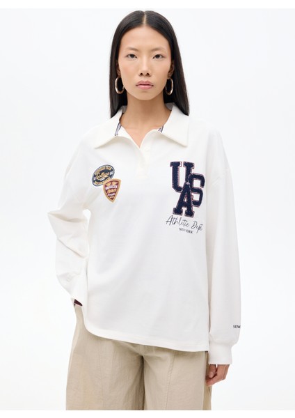 Arma Nakışlı Polo Yaka Oversize Sweatshirt Ekru modelleri