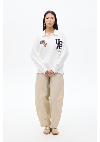 Arma Nakışlı Polo Yaka Oversize Sweatshirt Ekru indirimleri