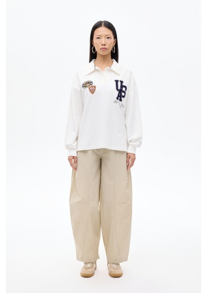 Arma Nakışlı Polo Yaka Oversize Sweatshirt Ekru