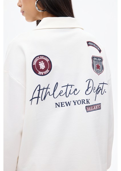 Arma Nakışlı Polo Yaka Oversize Sweatshirt Ekru