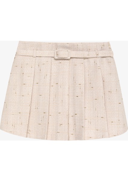 Kemer Detaylı Pileli Tüvit Mini Şort Etek Bej