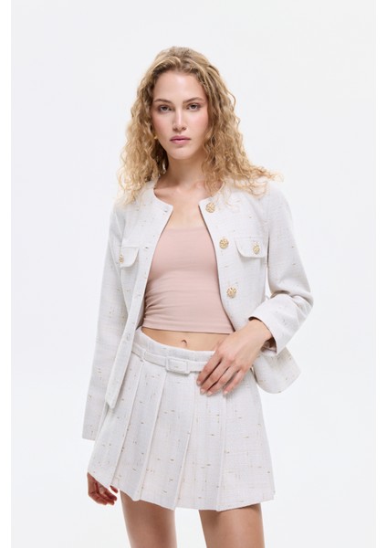 Kemer Detaylı Pileli Tüvit Mini Şort Etek Bej