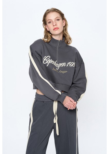 Şerit Detaylı Fermuarlı Crop Sweatshirt Antrasit