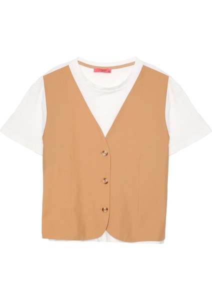Yelek Detaylı Tişört Camel