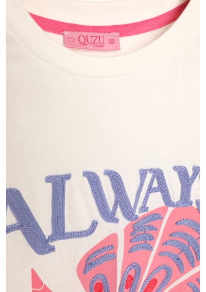 Yazı Nakışlı Çiçek Baskılı Tişört Ekru