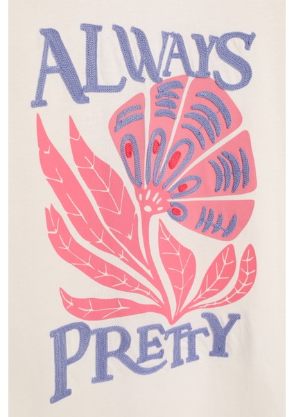 Yazı Nakışlı Çiçek Baskılı Tişört Ekru