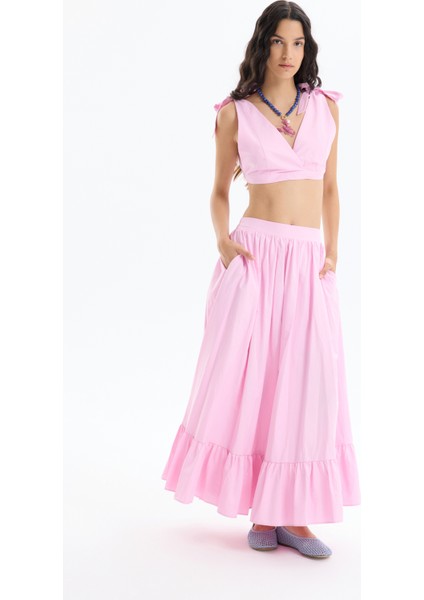 Pile Detaylı Yırtmaçlı Midi Boy Etek Pembe