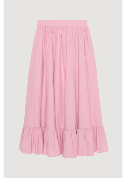 Pile Detaylı Yırtmaçlı Midi Boy Etek Pembe