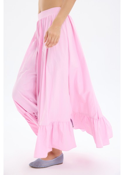 Pile Detaylı Yırtmaçlı Midi Boy Etek Pembe