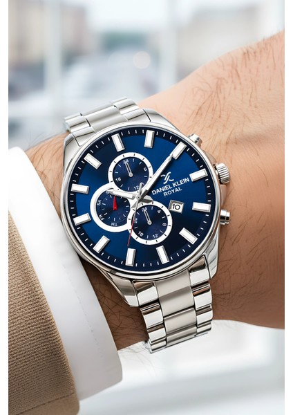 Erkek Kol Saati Takvimli Çelik Kordon Çelik Kasa 3 Atm Su Geçirmez Gümüş-Mavi zmdk1143