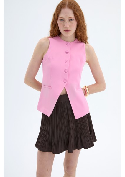 Düğmeli V Kesim Kolsuz Yelek Pembe
