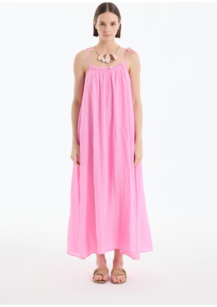 Bağlama Ip Askılı Gofre Uzun Elbise Pembe