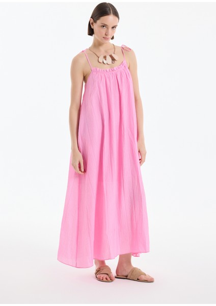Bağlama Ip Askılı Gofre Uzun Elbise Pembe