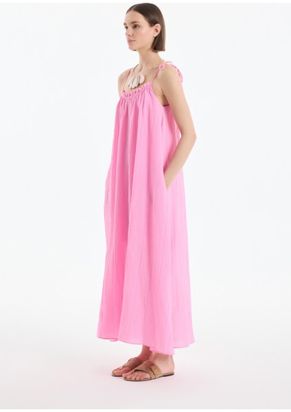 Bağlama Ip Askılı Gofre Uzun Elbise Pembe