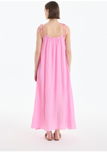 Bağlama Ip Askılı Gofre Uzun Elbise Pembe