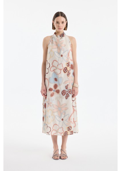 Boyundan Bağlamalı Sırt Dekolteli Desenli Keten Uzun Elbise Naturel