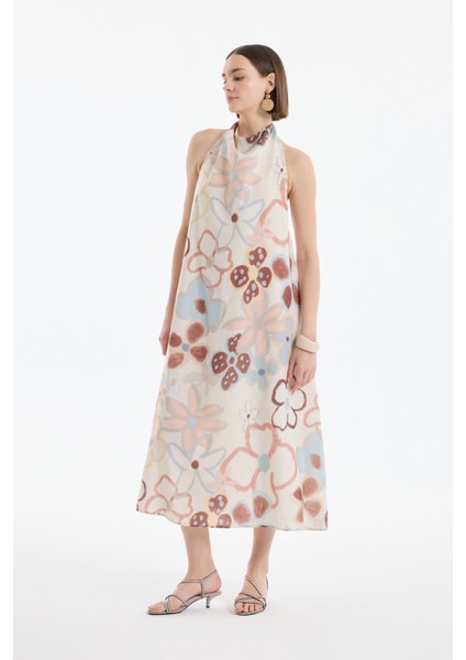 Boyundan Bağlamalı Sırt Dekolteli Desenli Keten Uzun Elbise Naturel