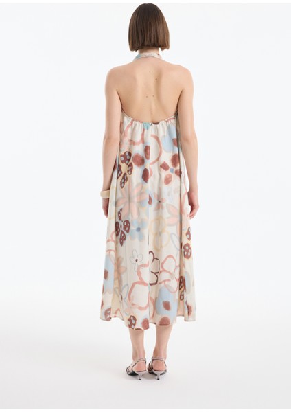 Boyundan Bağlamalı Sırt Dekolteli Desenli Keten Uzun Elbise Naturel