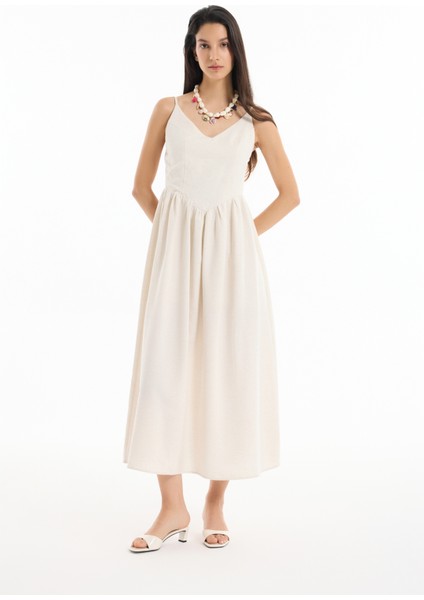 İnce Askılı Keten Kloş Uzun Elbise Naturel