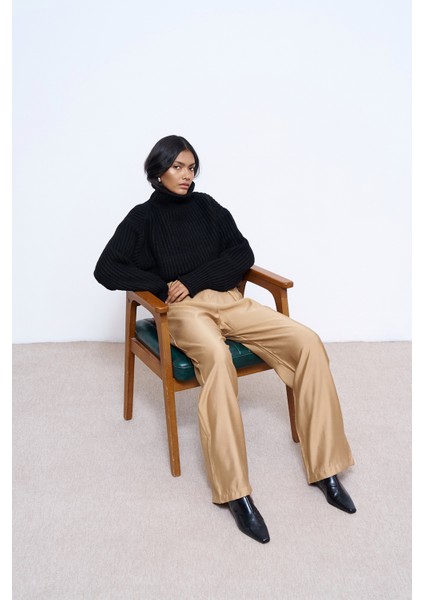 Yüksel Bel Bol Paça Pantolon Camel