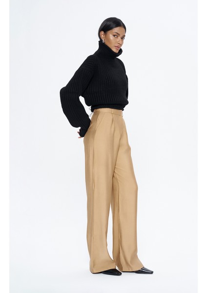 Yüksel Bel Bol Paça Pantolon Camel