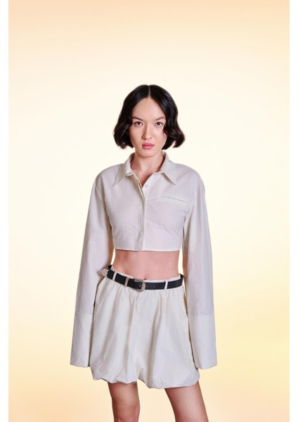 Sırtı Dekolte Kemerli Crop Gömlek Taş