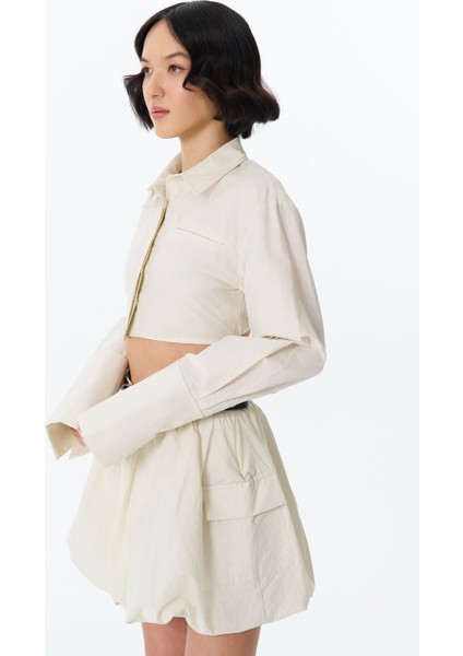 Sırtı Dekolte Kemerli Crop Gömlek Taş