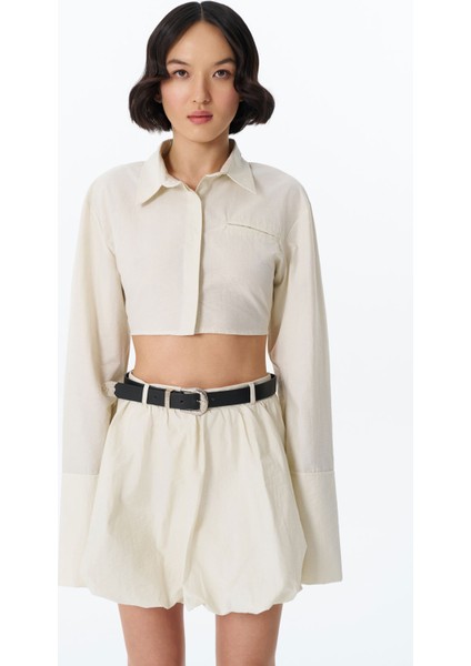Sırtı Dekolte Kemerli Crop Gömlek Taş