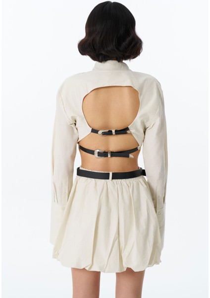 Sırtı Dekolte Kemerli Crop Gömlek Taş