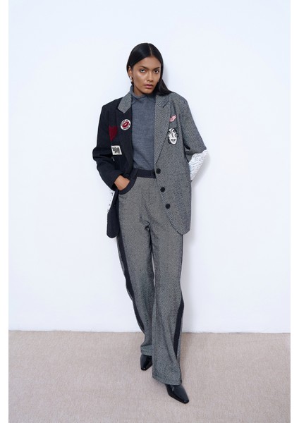 Denim Matchli Çizgili Pantolon Siyah