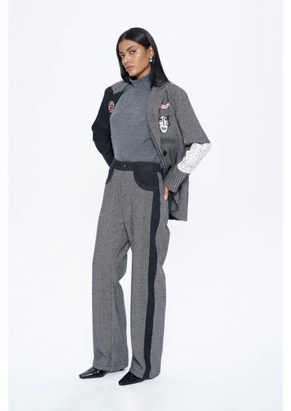 Denim Matchli Çizgili Pantolon Siyah