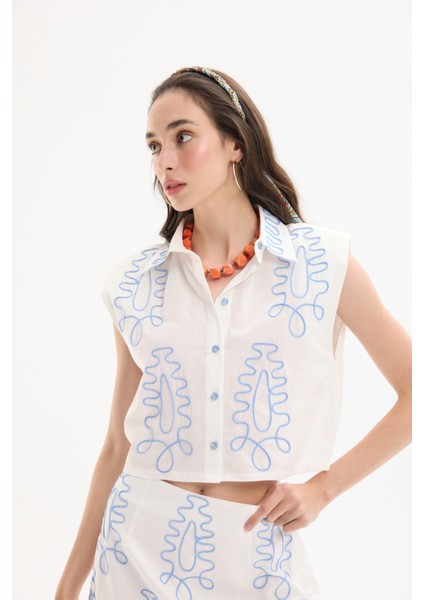 Etnik Motif Nakışlı Vatkalı Gömlek Ekru