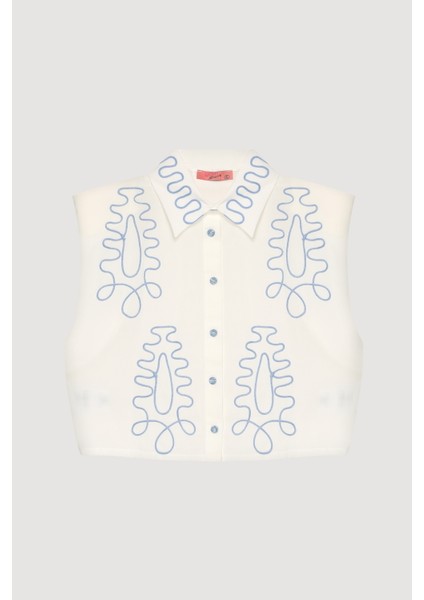 Etnik Motif Nakışlı Vatkalı Gömlek Ekru