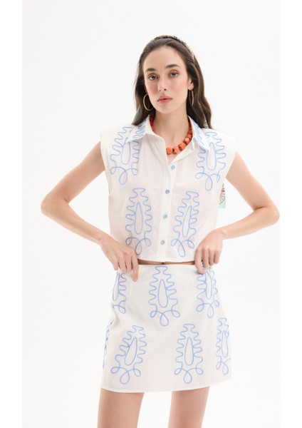 Etnik Motif Nakışlı Vatkalı Gömlek Ekru