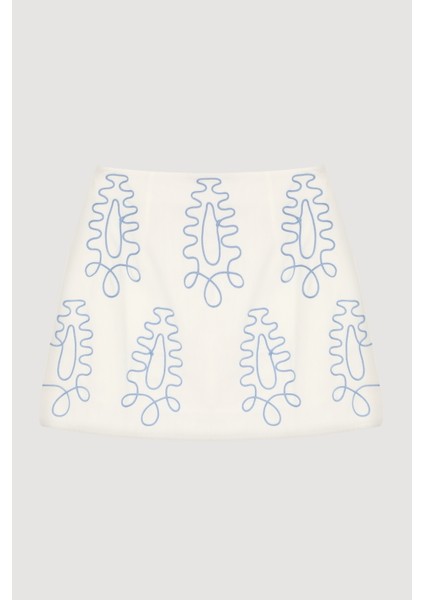 Etnik Motif Nakışlı Mini Etek Ekru