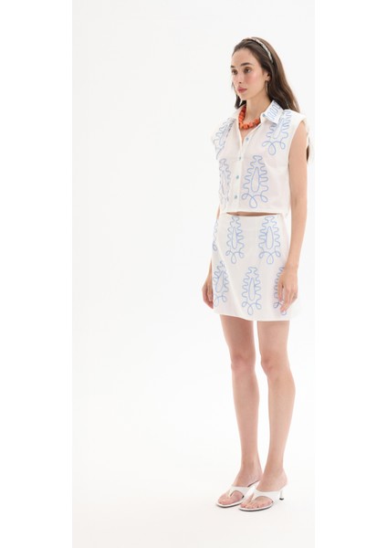 Etnik Motif Nakışlı Mini Etek Ekru