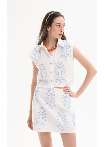 Etnik Motif Nakışlı Mini Etek Ekru