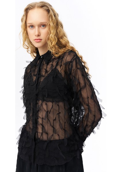 Tüy Detaylı Şifon Gömlek Siyah