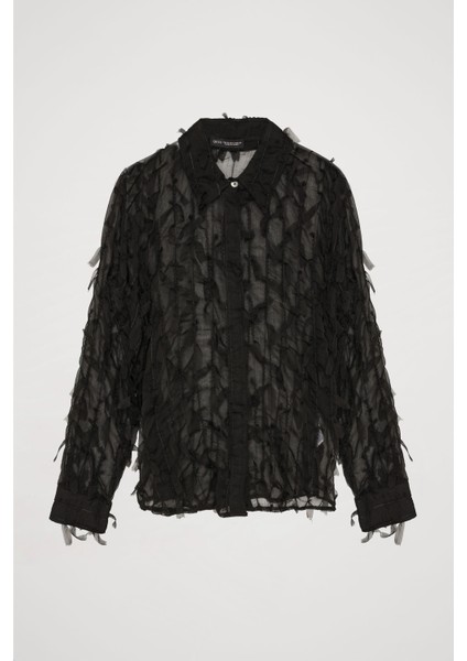 Tüy Detaylı Şifon Gömlek Siyah