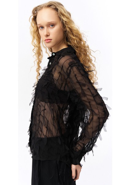 Tüy Detaylı Şifon Gömlek Siyah