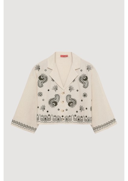 Nakış Desenli Düğmeli V Yaka Keten Gömlek Naturel