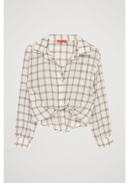 Ekose Çizgili Bağlamalı Gömlek Ekru