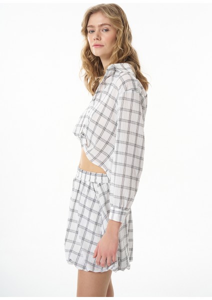 Ekose Çizgili Bağlamalı Gömlek Ekru