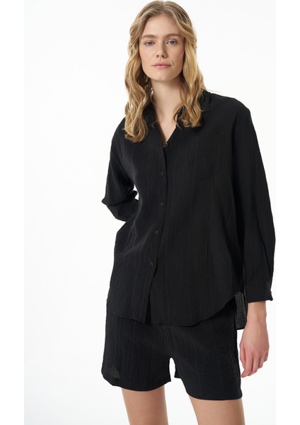 Dokulu Cepli Oversize Basic Gömlek Siyah