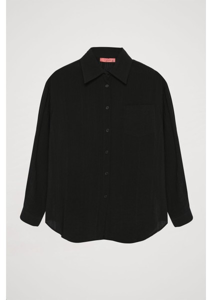 Dokulu Cepli Oversize Basic Gömlek Siyah